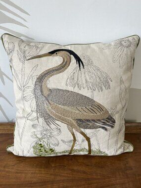 Pier 1 Imports Pillow Embroidered Coastal Heron 17x17" Throw Accent Green Piping